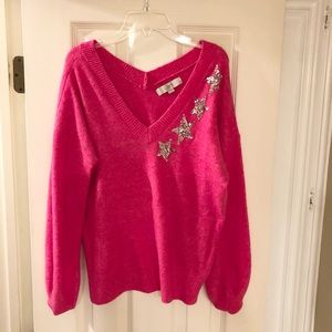 LOFT Hot Pink Sweater with Silver Sequin Stars